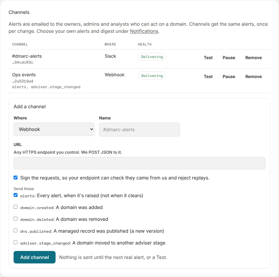Channels on the Alerts page, adding a webhook