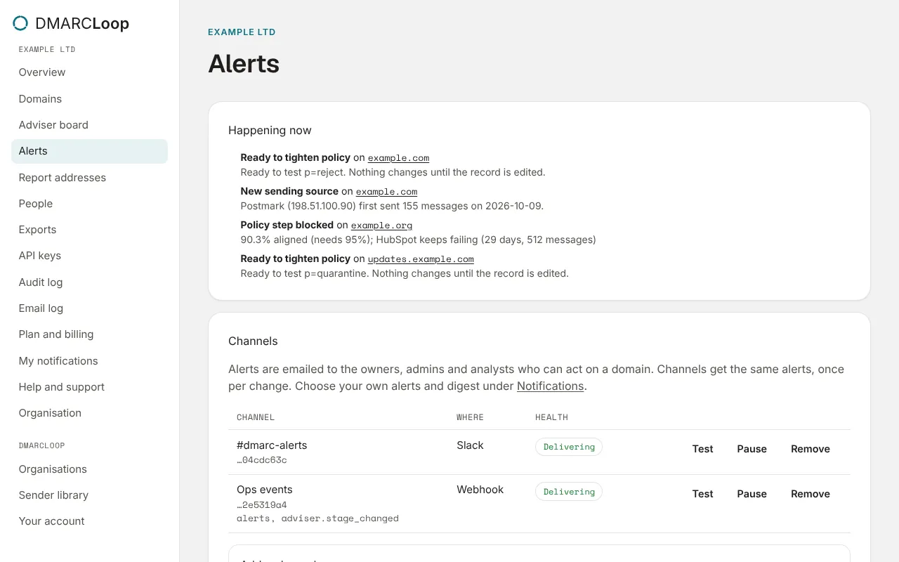 The Alerts page: what’s happening now, and the channels