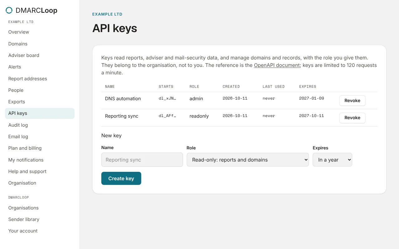 API keys: two keys, each with its role, last use and expiry