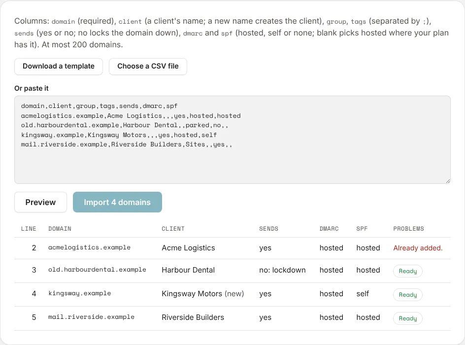 A preview with one problem: a domain that’s already added