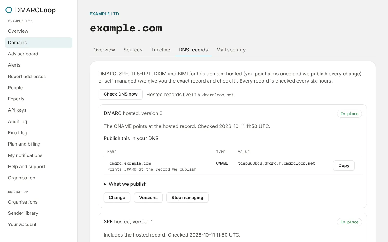The DNS records tab for example.com: each record, its status and what to publish