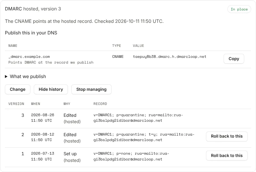 The DMARC card with its version history open