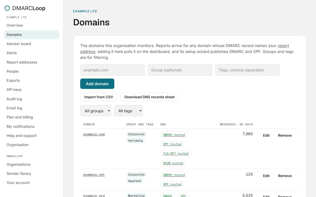 The Domains page, with the add form, the group and tag filters, and each domain’s DNS status