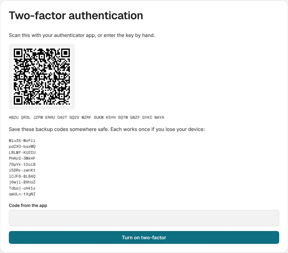 Setting up two-factor: the QR code, the key and the backup codes
