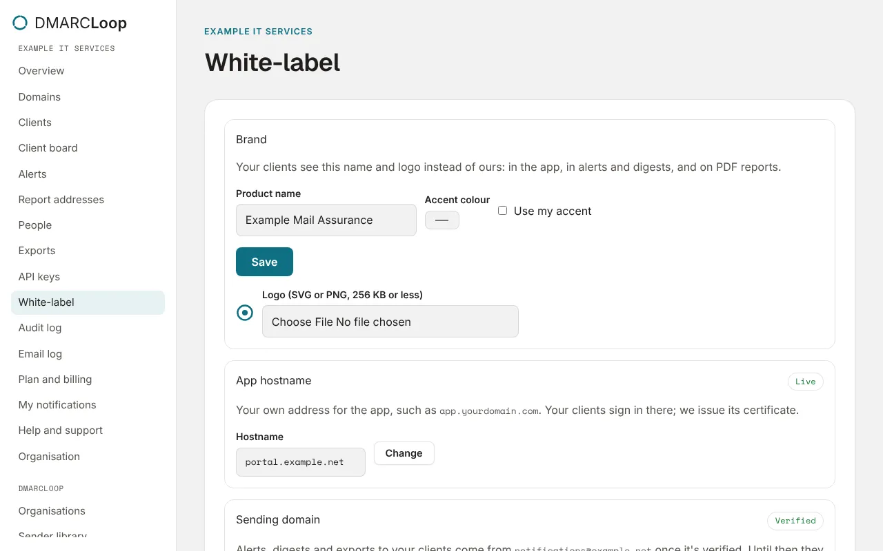 White-label: the brand, the app hostname and the sending domain